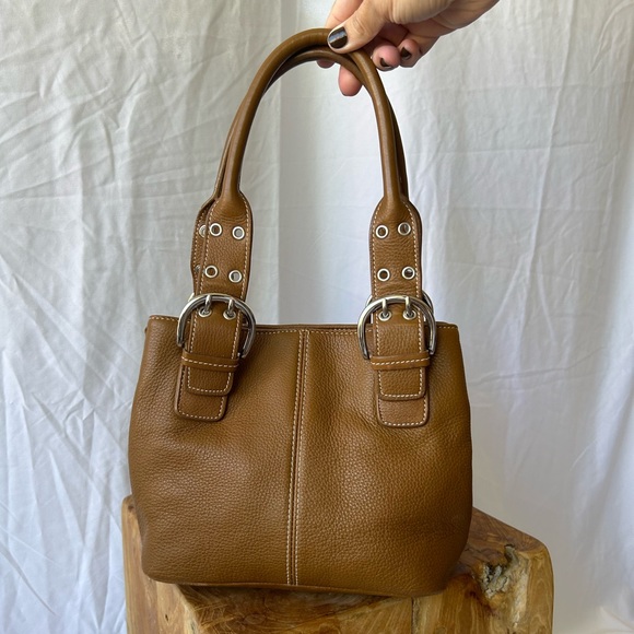 Brown Pebbled Leather Two Strap Handbag with Silver Hardware - Picture 2 of 8